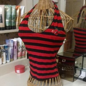 Red and Black Striped Halter Top with Cherry Patch